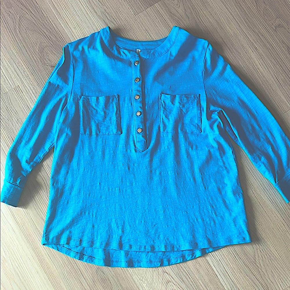 Passports Henley LS Knit Shirt S Blue Pullover A-Line Cotton Blend
